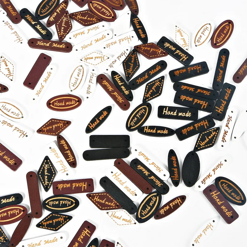 

Mixed Shape 50pcs/bag "Hand Made Letter " Tags Sewing Natural Wood Button Sewing Accessories For Clothes Applique Craft DIY