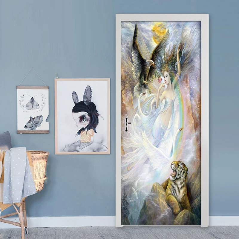 

Door Mural Oil Painting Angel Tiger Decorative 3D Door Sticker PVC Self Adhesive Wallpaper Poster Bedroom Home Decor Wall Decals