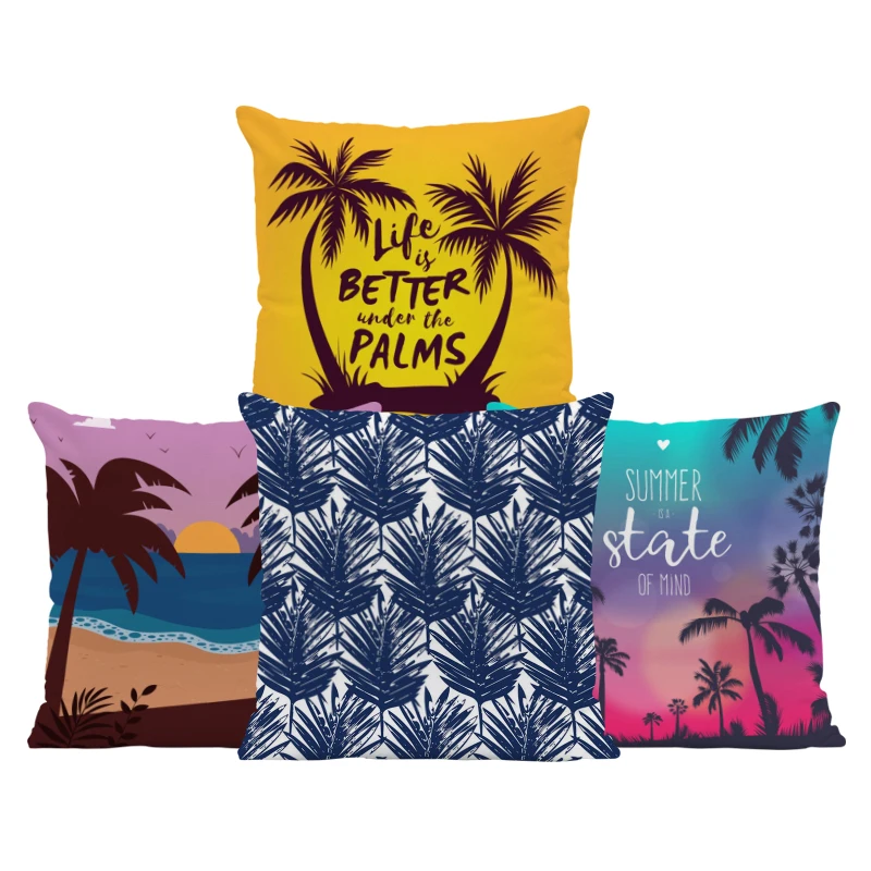 

Hello Summer Palm Tree Cushions Beach Pink Blue Cover Pillow Rustic Living Room Homeware Dakimakura Large Velvet Hand Painted