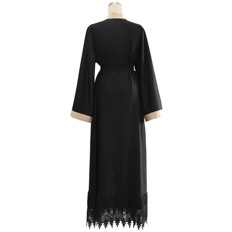 Черное кружево лоскутное Дубай абайя пояс кимоно кардиган мусульманские платья размера плюс Макси платье Мягкая Длинная женская одежда
