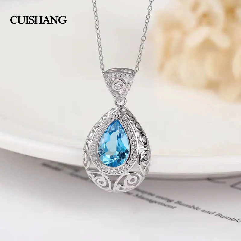 

CSJ 925Blue Natural Topaz Pendants Sterling 925 Silver for Women Wedding Engagement Fine Jewelry Party Valentines gift