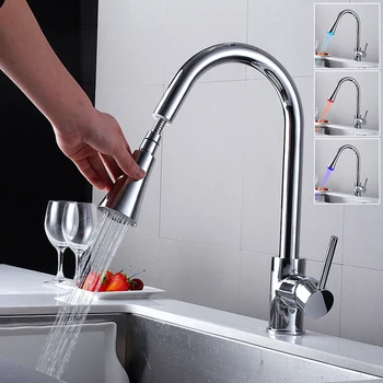

LED Kitchen Faucets with Rubber Design Mixer Faucet for Kitchen Single Handle Pull Out Deck Mounted for Sinks