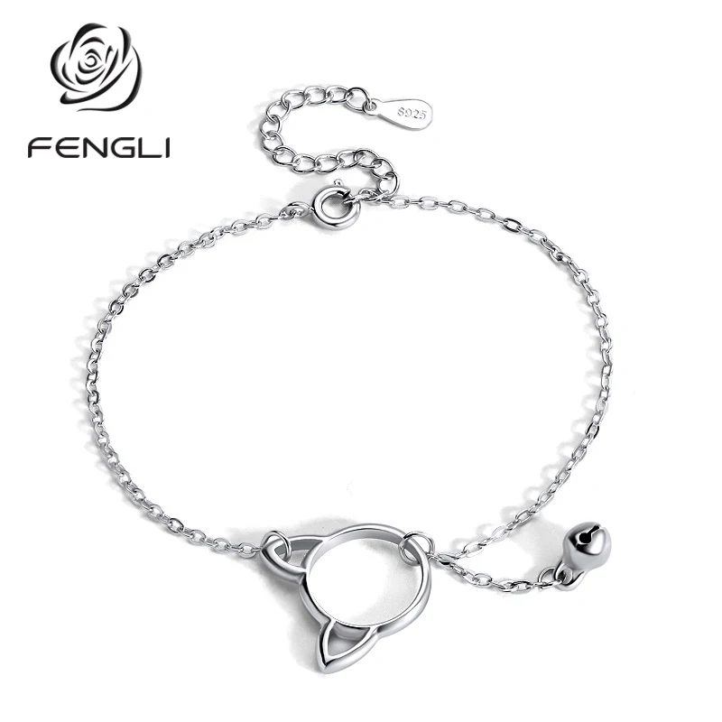 

FENGLI Silver Color Bracelets for Women Hollow Cat Bell Chain Bangle Cute Animal Bracelet for Girl Gift Argent Bijoux Femme