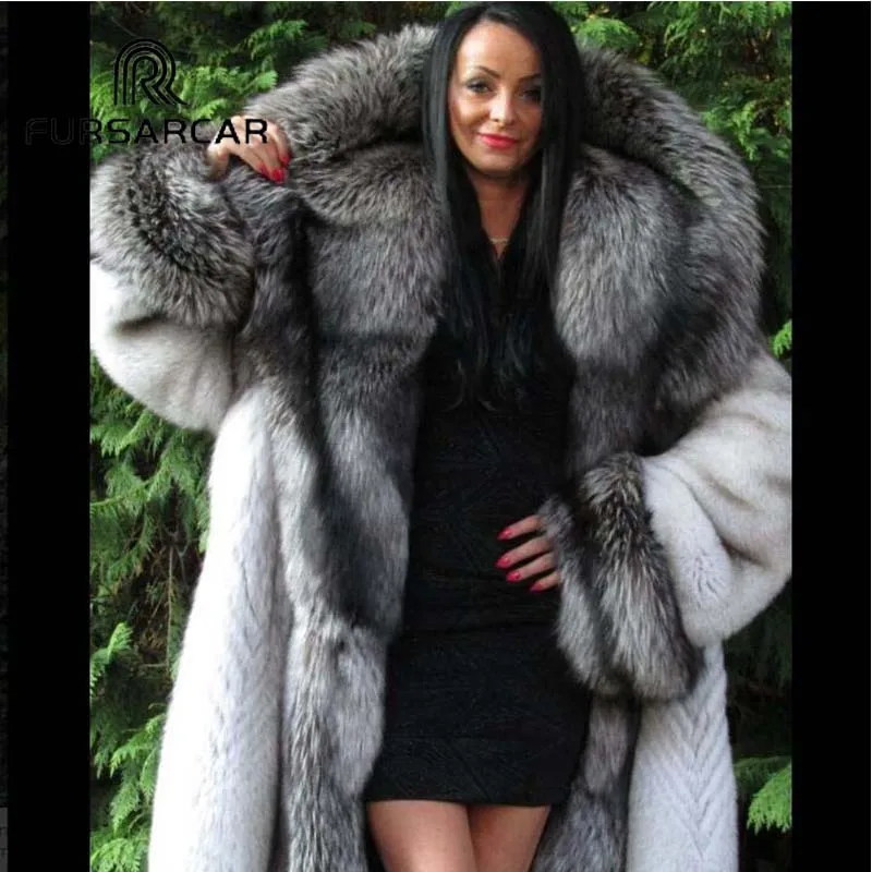 FURSARCAR 2018 New Real Fur Coats Women 120 CM Long Winter Fox Fur Jacket Luxury Fox Fur Coat With Big Silver Fox Fur Collar FURSARCAR 2018 New Real Fur Coats Women 120 CM Long Winter Fox Fur Jacket Luxury Fox Fur Coat With Big Silver Fox Fur Collar