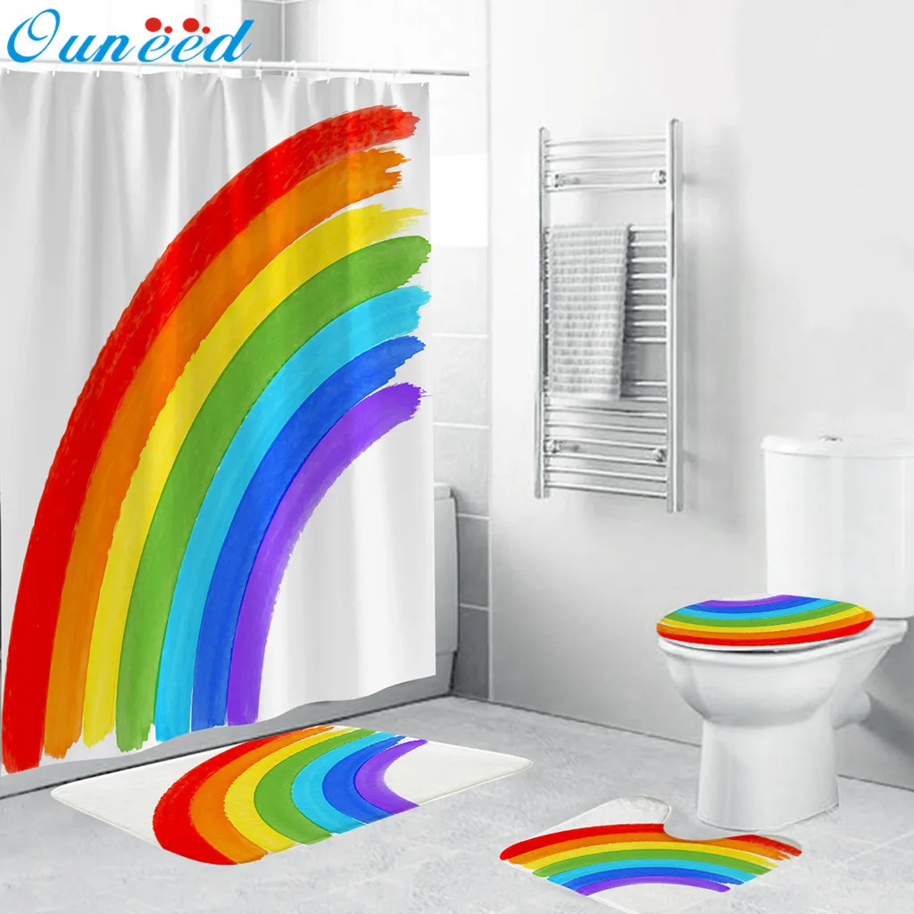 

Ouneed Bathroom Shower Curtains set 4PCS Non Slip Summer beach scenery pattern Toilet Shower curtains Cover Mat set dropshipping
