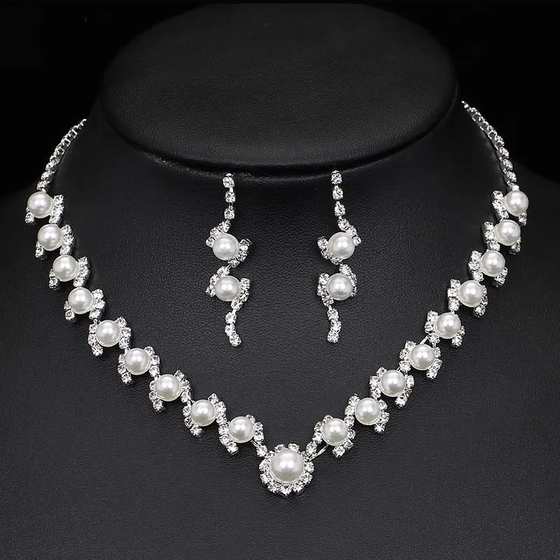 TREAZY Elegant Wedding Jewelry Sets for Women Pearls Crystal Necklace Earrings Bridal Jewelry Sets Prom Wedding Accessories 