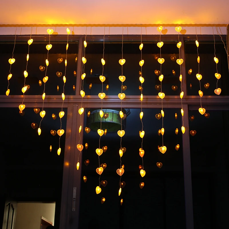 

2*1.5m LED Curtain String Lights Heart Shape Bulbs Fairy Wedding supplies decoration room Garland flashing LED holiday lights
