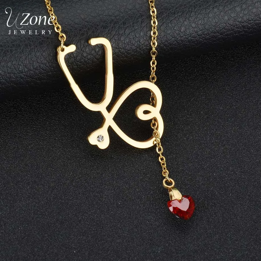 

Uzone Stethoscope and Heart Cz Pendant Necklace Nurse Doctor Medical Students Graduation Men Women Unisex Stainless Steel Jewelr