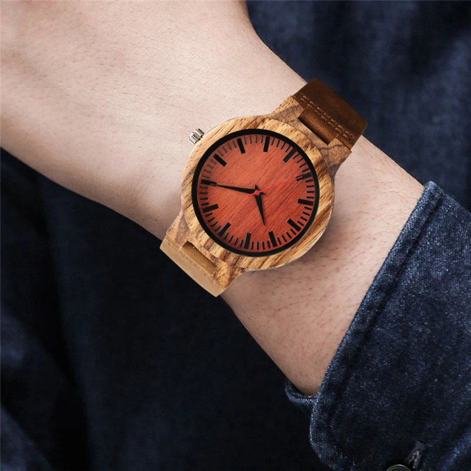 Creative Wooden Wrist Watch Genuine Leather Band Strap Analog Bamboo Quartz Handmade Red Face Wood Watch for Gifts YISUYA (12)