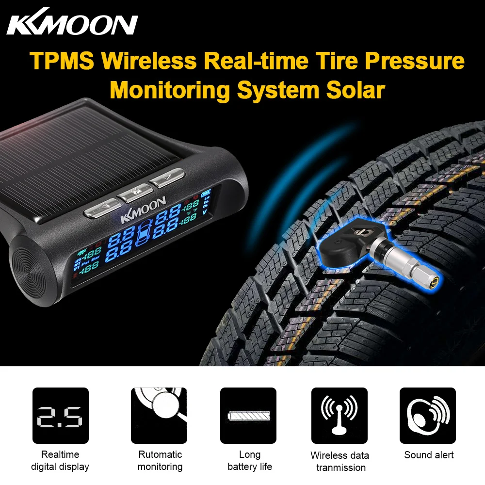 KKmoon TPMS Беспроводная система давления в шинах в реальном времени Солнечная энергия с голосовой подсказкой ЖК-дисплей 4 внутренних/внешних датчика сигнализации