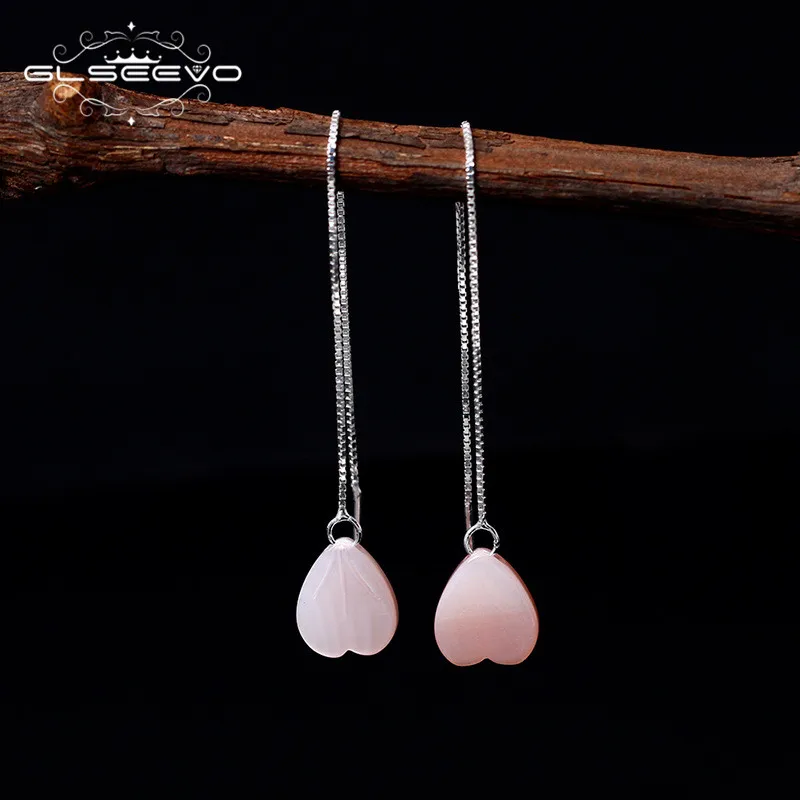

GLSEEVO 925 Sterling Silver Pink Shell Love Long Drop Earrings Female Heart Shaped Dangle Earrings Women Aretes De Mujer GE0340