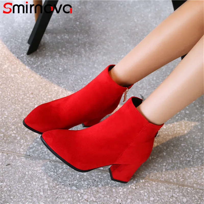 

Smirnova TOP popular 2018 large size shoes autumn zip woman boots red casual thick heels ankle boots crystal flock ladies boots