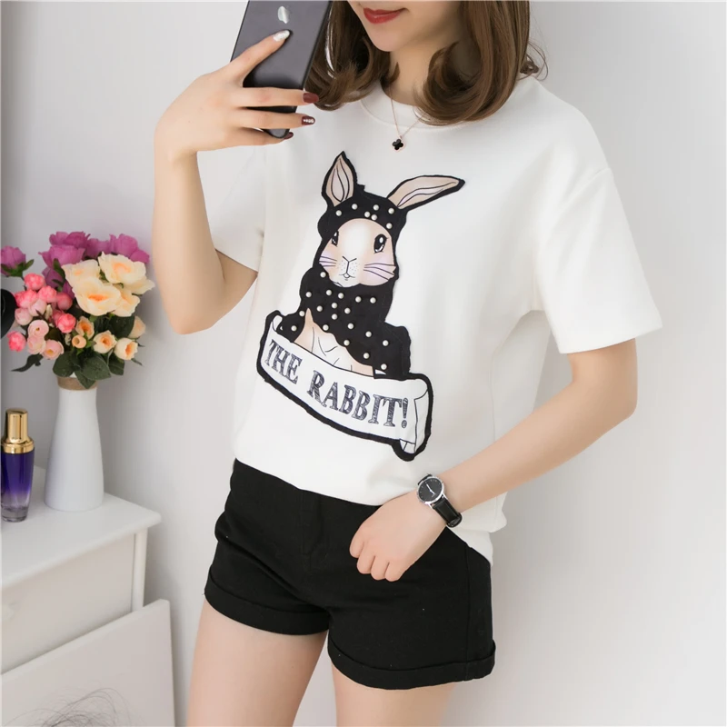 Koean Новая летняя футболка женские мультфильм животных вышивка оригинальность harajuku Рубашка с короткими рукавами o-образным вырезом