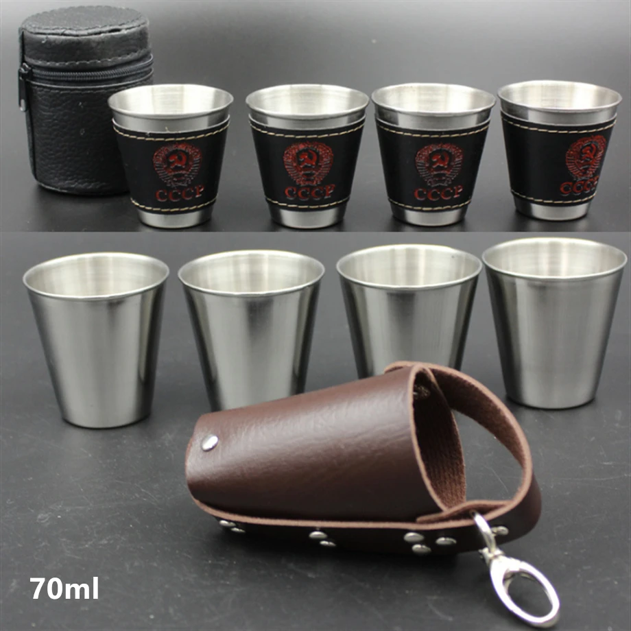 

4Pcs/set Polished and Leather Wrap 70ML Stainless Steel Shot Glass Wine Cup With Leather Cover Bag Portable Mug set Tumbler