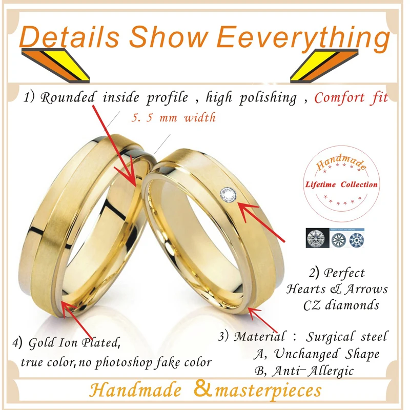Gold color Promise alliance Wedding Band Couple Rings pair set infinite men's rings women's rings jewelry Bague anel anillos (4)