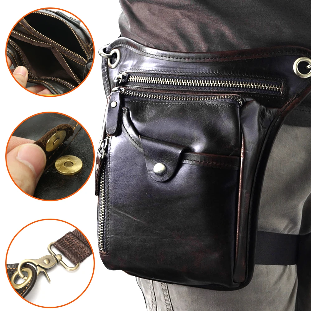 

Mofaner Men Leather Bag Hiking Motocycle Leg Drop Bags Casual Business Genuine Fashion Crossbody Bag Waist Tank Bags