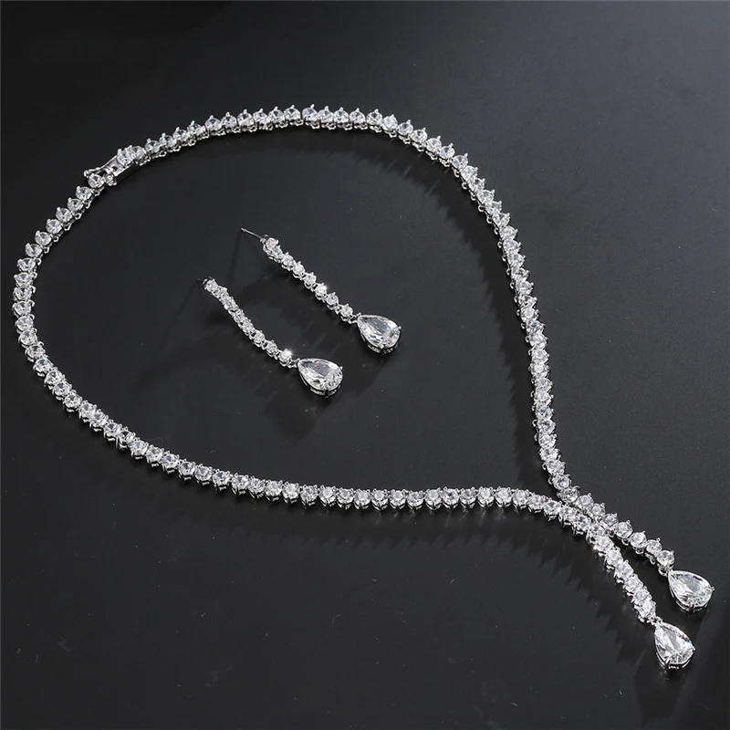 

fashion 925 Sterling Silver Jewelry set for Women Wedding long dangle earring tennis Necklace pendant christmas party gift J4804