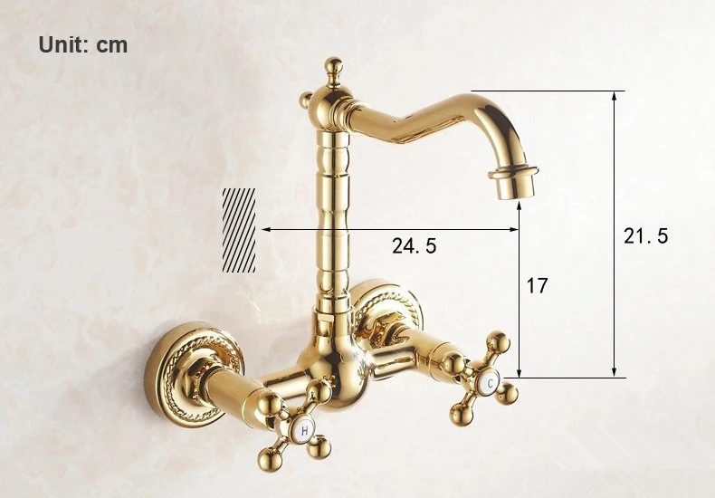 Золотые Смесители для раковины, настенный смеситель для раковины, 360 Поворотный носик, горячая и холодная двойная ручка, смеситель