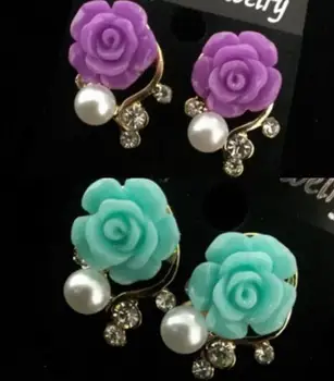 

Party Favors Best price Korean Style OL Pink Rose Flower Shiny Crystal Rhinestone Pearl Stud Earrings 100pair