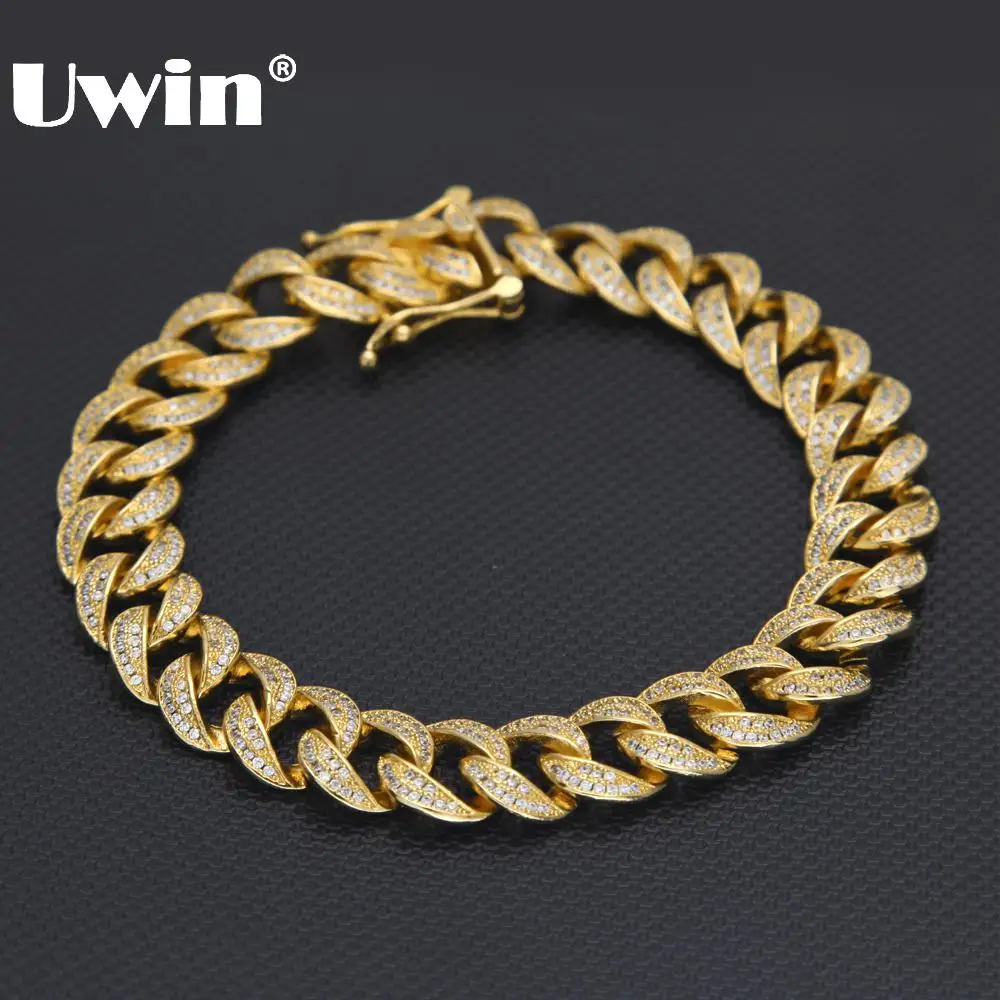 

Uwin Genuine 925 Sterling Silver Bracelet Gold Color Micro Pave CZ Zirconia 12mm Luxury Cuban Link Chain Mens Charm Jewelry
