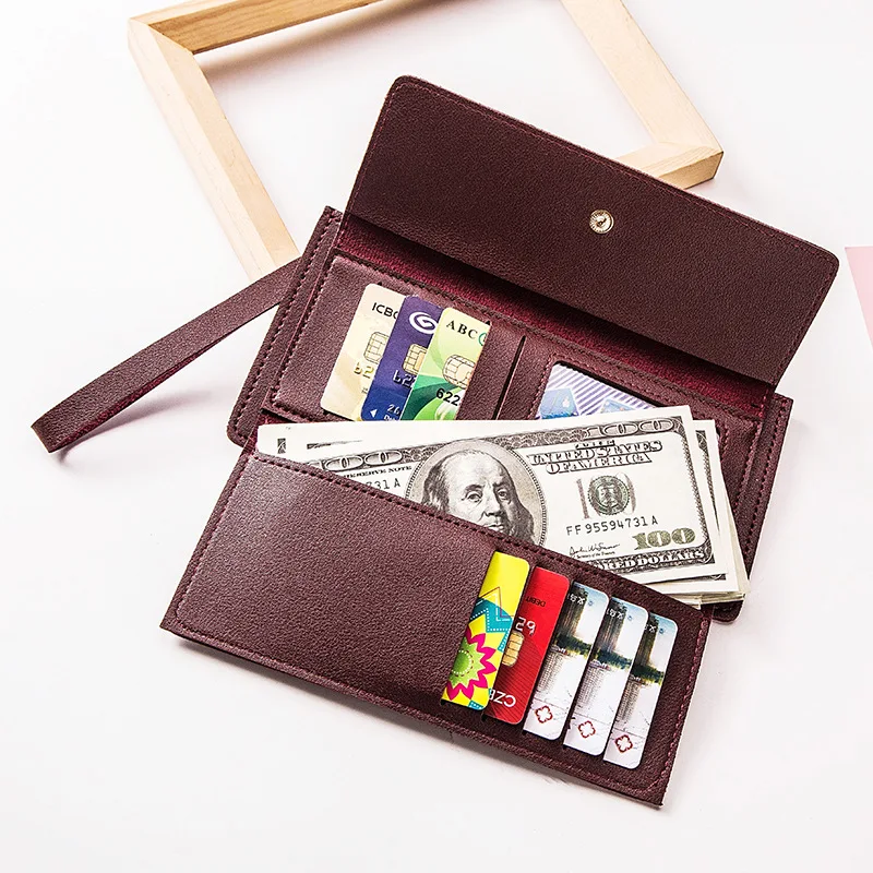 

2019 New Solid Color Ladies Long Wallet Tri-fold Glamour Business Multi-card Position Women's Zip Buckle Retro Card Holder