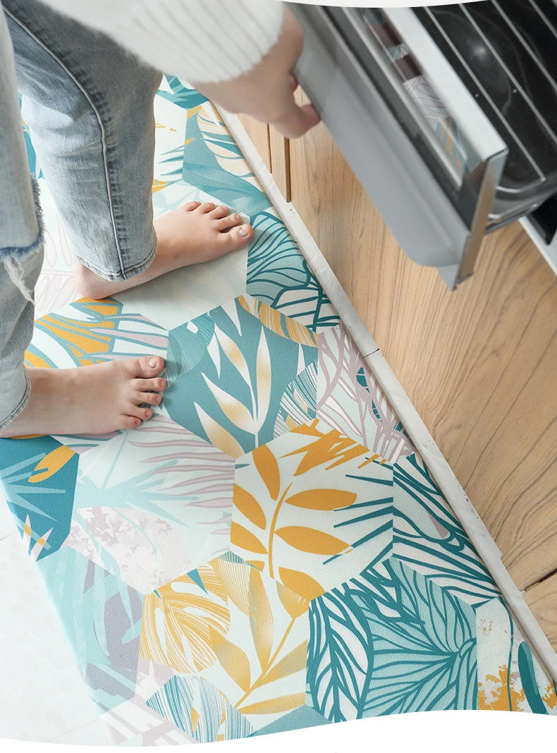 Long Kitchen Mat Bath Carpet Printing Mats PVC Leather Anti Slip Bottom Mat Waterproof Mat for Home Kitchen Oil-Proof Floor Mat