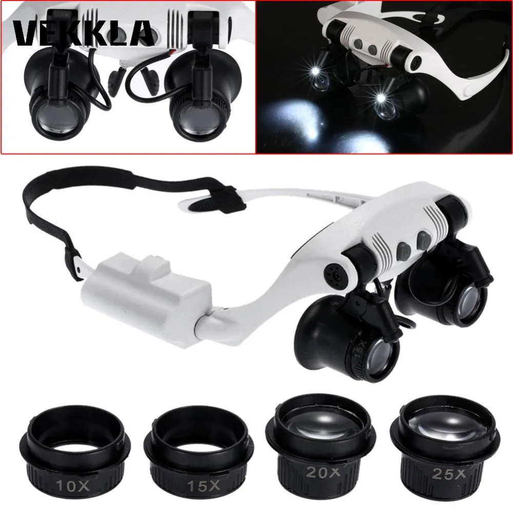 Head Wearing Magnifying Glass loupe Double eye 10x 15x 20x 25x 2 LED Light Double Eye Loupe Jeweler Watch Clock Repair Magnifier
