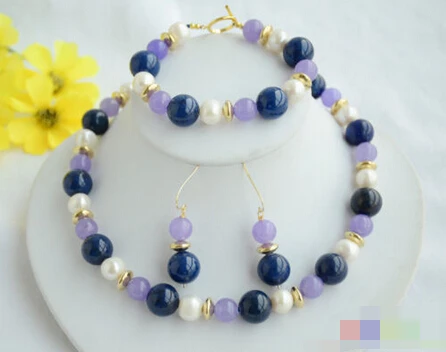 

free shipping 07709 round lapis lazuli lavender jade white pearl necklace bracelet (A0513)
