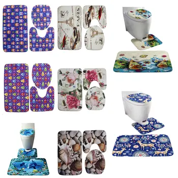 

Printed toilet cover set 3 pieces / set of sea view bathroom carpet set ocean underwater world pattern non-slip home floor mat