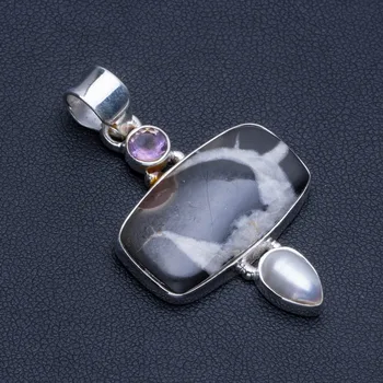 

Natural Septarian Geode,River Pearl and Amethyst Punk 925 Sterling Silver Pendant 1 3/4" R0692