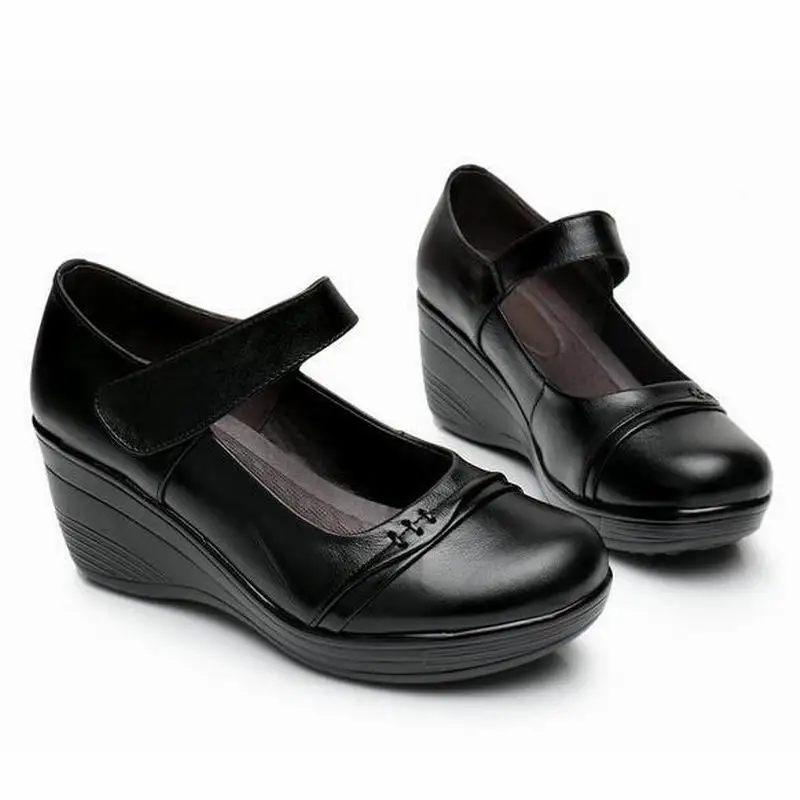 Véritable Chaussures Bout 2018 on forme Noir Plate Slip Printemps Cales Rond Occasionnels Talons Cuir Automne Femme Dames Femmes En FFq8Ew7