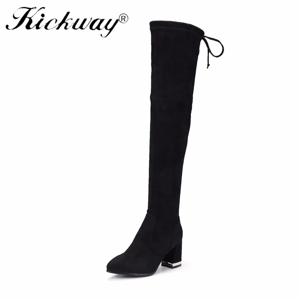 

Kickway Women stretch Faux Suede Thigh High Boots Fashion Over the Knee Boots pointed toe square high heel sexy winter boots