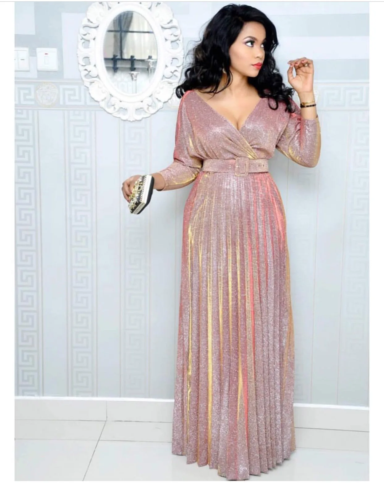 

Hot selling Colorful hot stamping pleated mid-sleeve commuter large size V-neck dress with belt Floor-length Spring dress