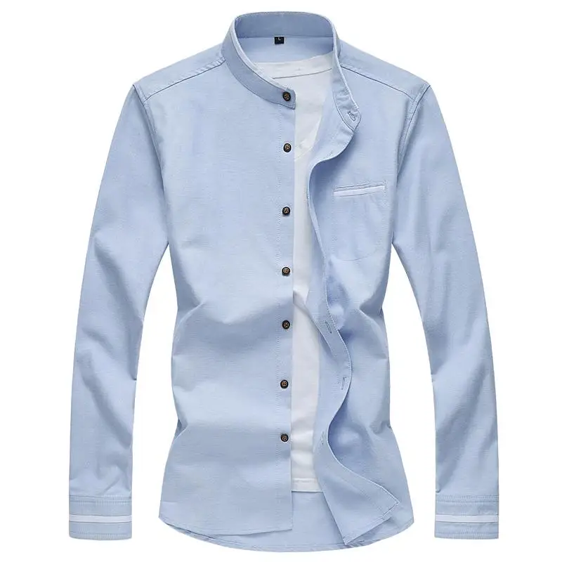 

Casual Shirt Man Standing Collar Large Size Oxford Long sleeve Men's Shirts Mens Clothing Slim fit White Dark Gray