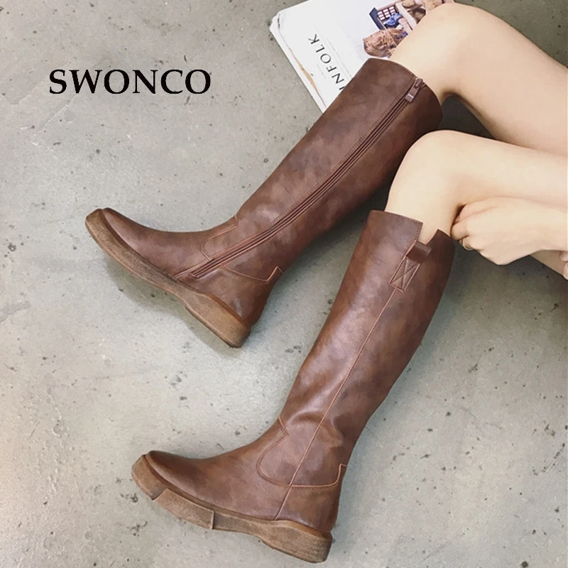 SWONCO Women's High Boots 2018 Winter Short Plush Knee-high Boot Ladies Shoes Leather Boots Women Winter Long Boots Shoes