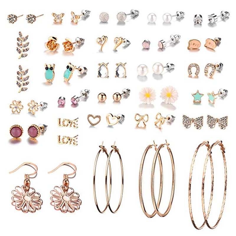 

DANZE 28 Pairs/lot Trendy Gold Circle Bowknot Crystal Flower Animal Hot Rhinestone Stud Earring Set For Women Wholesale