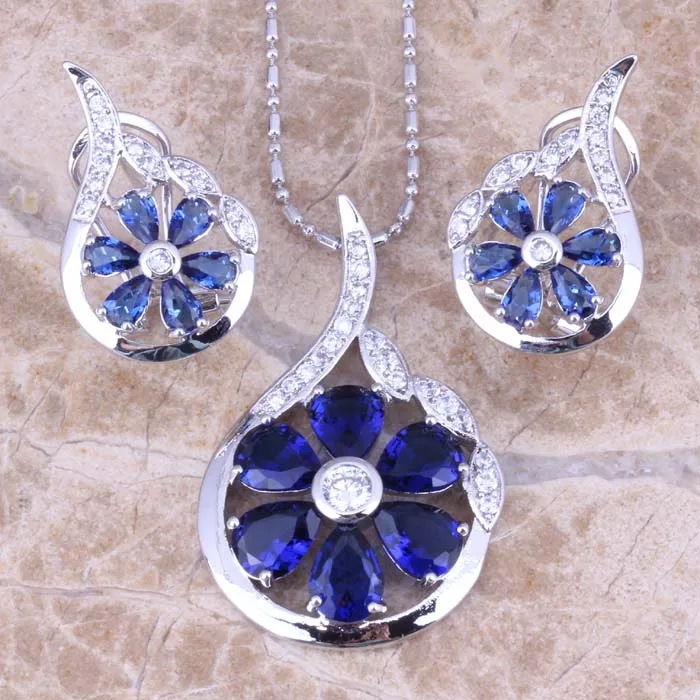 Fantastic Blue Cubic Zirconia White CZ Silver Plated Earrings Pendant Necklace Jewelry Sets S0790 | Украшения и аксессуары