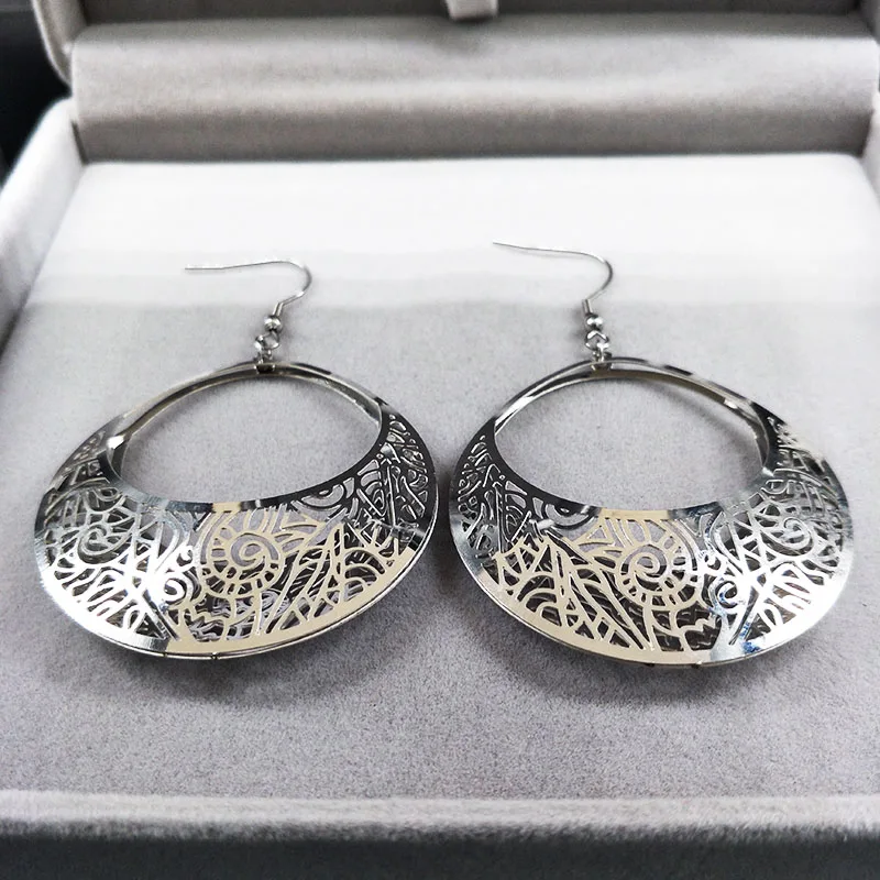 2020 Fashion Big Stainless Steel Drop Earrings for Women Jewelry Silver Color Flower Statement Earrings aretes largos E612333