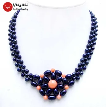 

Qingmos 35-40mm Handwork Weaving Pearl Pendant Necklace for Women with 5mm Black Pearl and Pink Coral 3 Strands Chokers Necklace