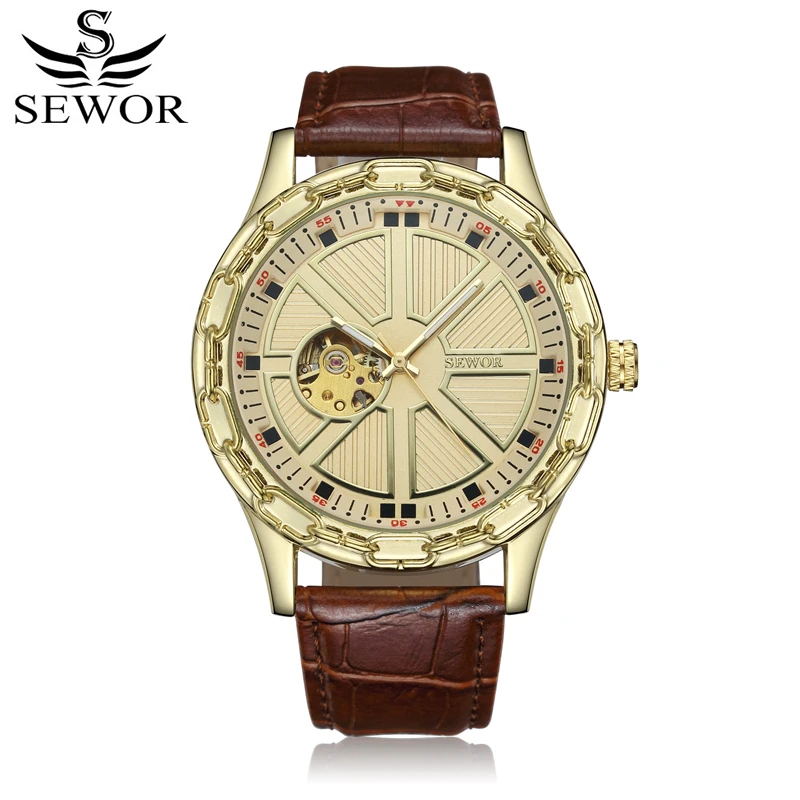 Koop SEWOR Mannen Horloge Mechanische Automatische Self Wind Heren Monteur Lederen Band Luxe Man Horloges Skeleton Klok Met Doos SWQ51