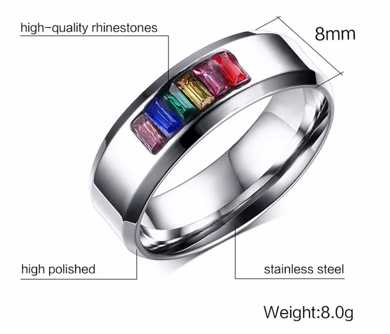 Кольцо большого размера разноцветный со стразами LGBT для женщин 316L женское из нержавеющей стали Радужное украшение для свадьбы помолвки