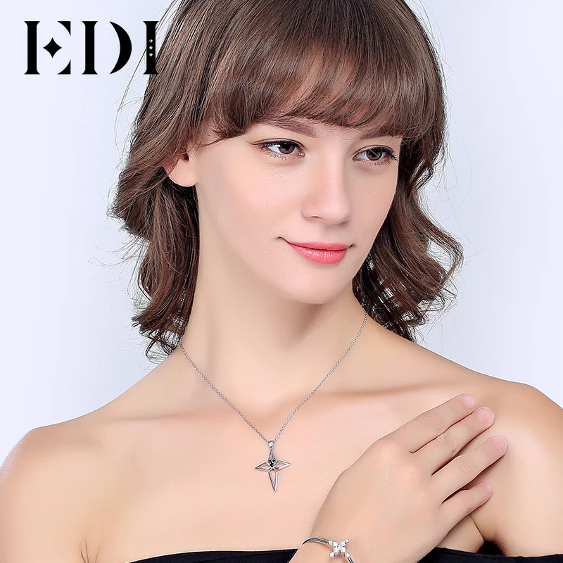 EDI Genuine Cross Natural Black Sapphire Gemstone 925 Sterling Silver Female Pendant