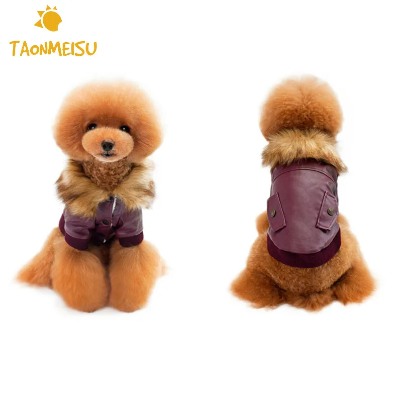 Dog Coat Fur Collar Leather Jacket Dog Clothes Coat Clothing for Teddy