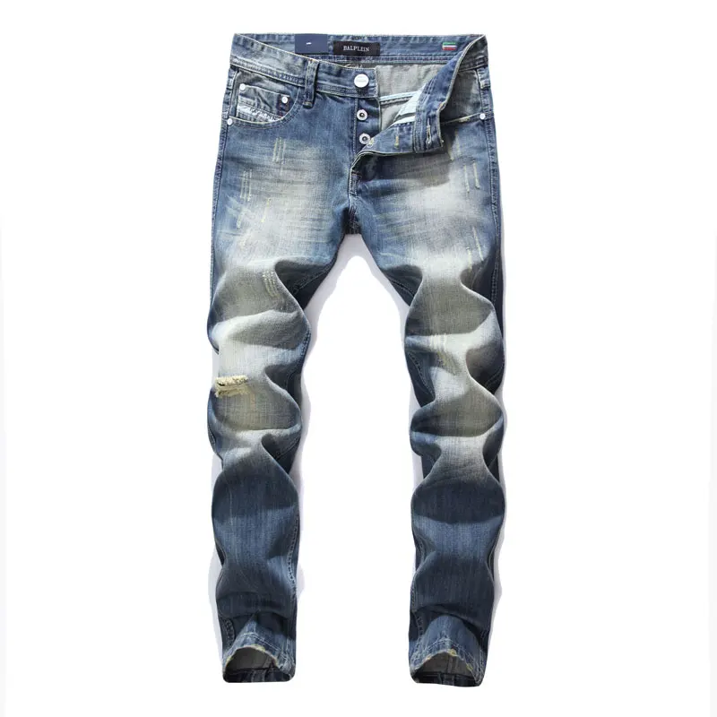 

Italian Style Fashion Mens Jeans Frayed Hole Ripped Jeans For Men Slim Fit Buttons Pants DSEL Brand Blue Color Biker Jeans Men