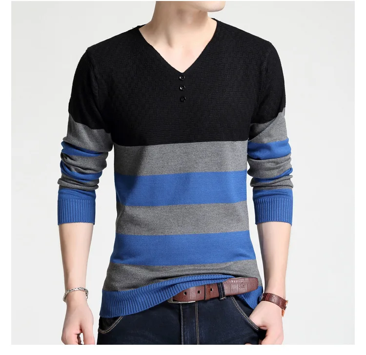 

Autumn Winter Warm Wool Sweaters Casual Hit Color Striped V-neck Pullover Men Brand Slim Fit Cotton Sweater 4XL