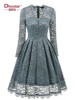 

Deodar Female V-Neck Lace Dress Long Sleeve High Waist Transparent Autumn Sexy Party Night Out Elegant Women Dresses