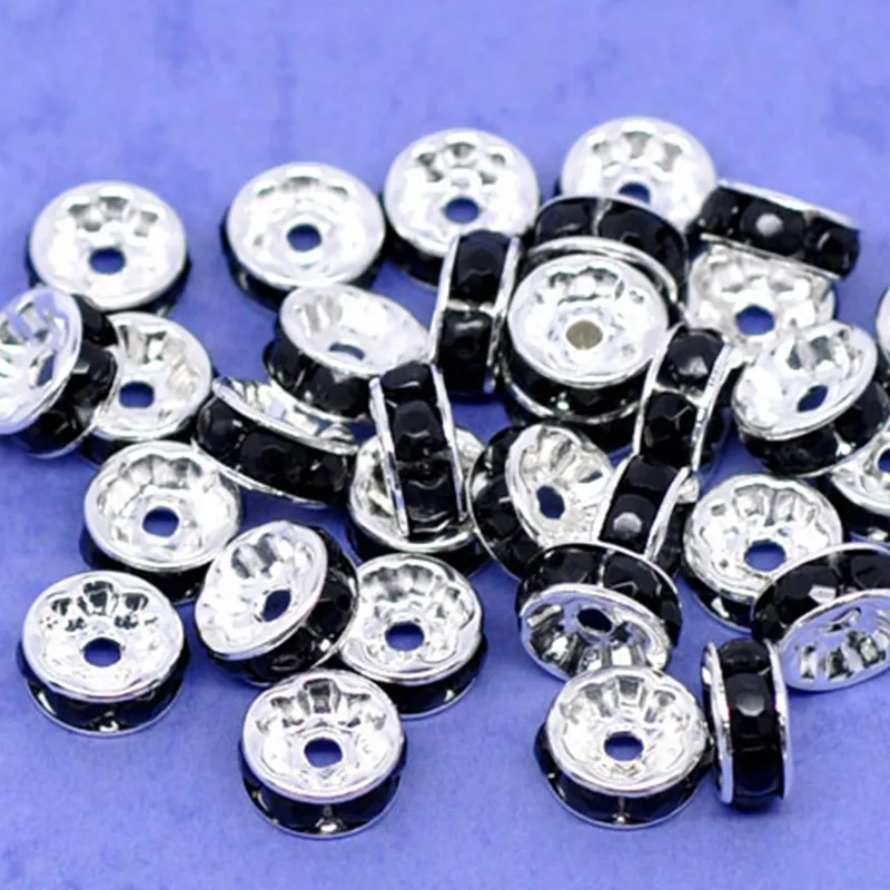 500Pcs Silver Plated Acrylic Black Rhinestone Rondelle Spacers Beads Jewelry Diy Findings 8mmin