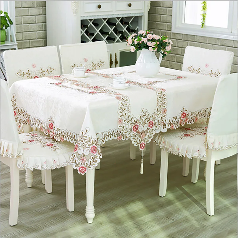  European Luxury Polyester Embroidery Floral Tablecloth Hotel Home Wedding Party Lace Edge Table Cov
