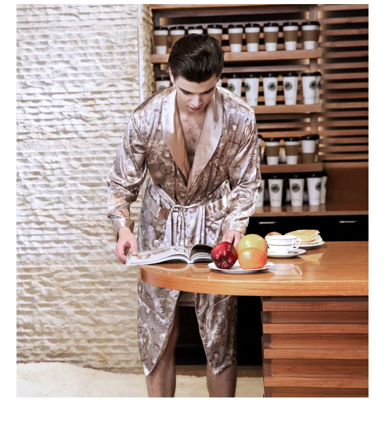 Inplusni мужской пижамный комплект мужской тонкий срез Печатный длинный рукав халат мужской искусственный шелк Домашняя одежда классические