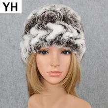 Для женщин вязаное Покрывало «русалочка», ручная кролика рекс меховая шапка зимняя Повседневное Настоящий мех кролика головные уборы Skullies Кепки s с линией натурального меха кролика, Кепки